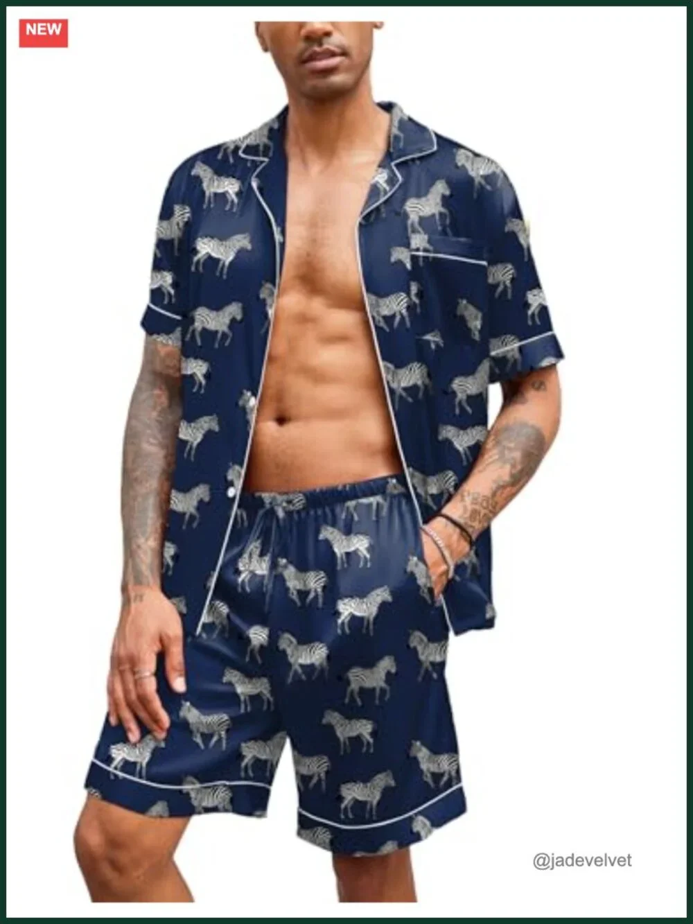 Men's Satin Pajamas Set Short Sleeve Button-Down Shirt & Shorts with Pockets